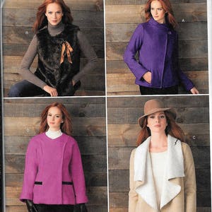 May include: Simplicity sewing pattern 1758 H5 featuring four different jacket and vest designs. The pattern includes a faux fur vest, a purple jacket with a single button, a pink jacket with black trim, and a tan jacket with a white collar.