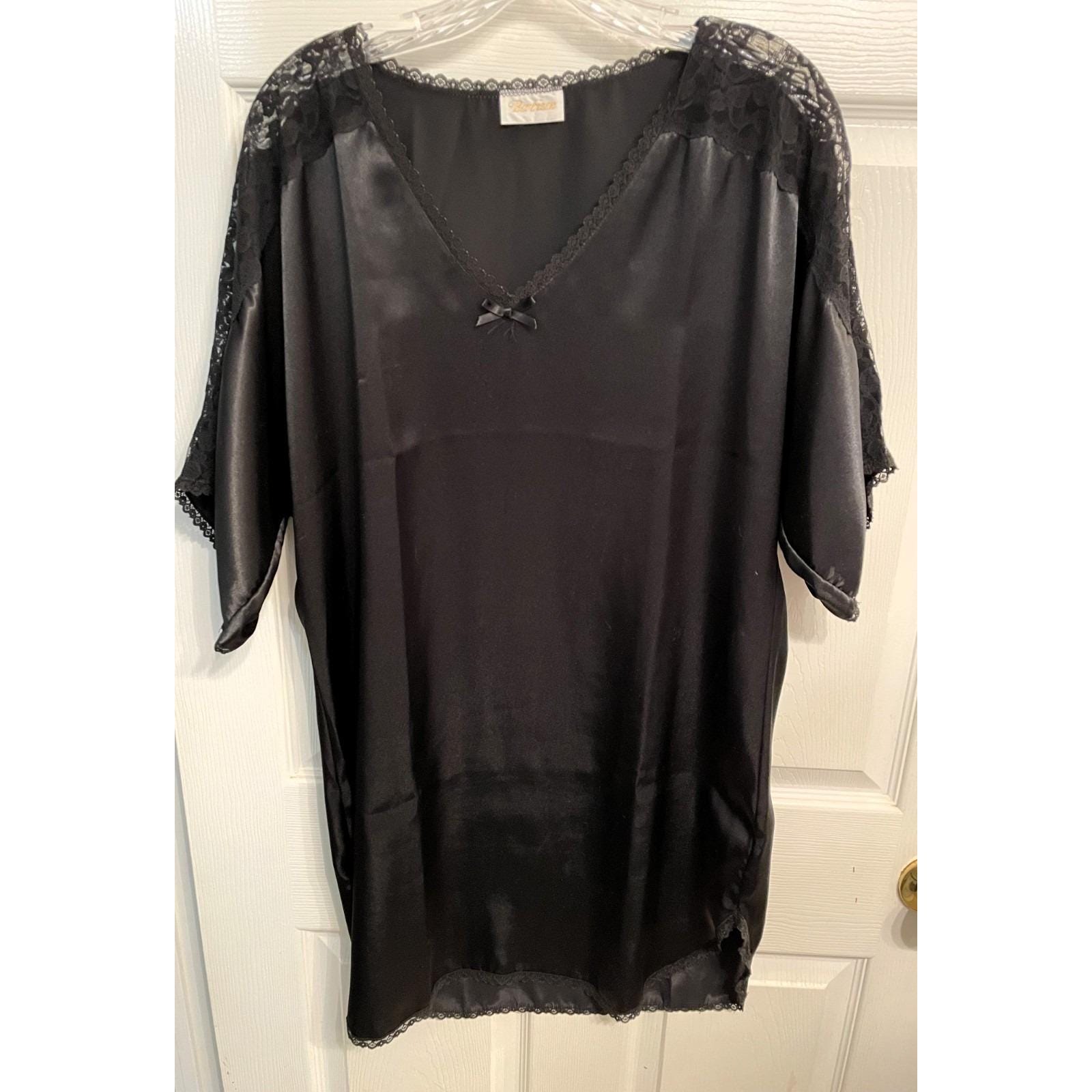 Vtg Barbizon Satin Lace Nightgown Glossy BLACK Sleep Dress Short Nightgown Shirt