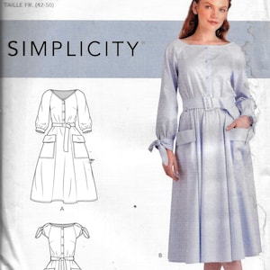 May include: A sewing pattern for a dress with three different styles. The pattern is for sizes US 14-22. The dress has a button-up front, a belt, and pockets. The pattern is from Simplicity.