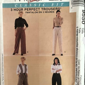 May include: A sewing pattern for classic fit trousers. The pattern includes instructions for making three different styles of trousers. The pattern is from McCall's and is called "3 Hour Perfect Trousers".