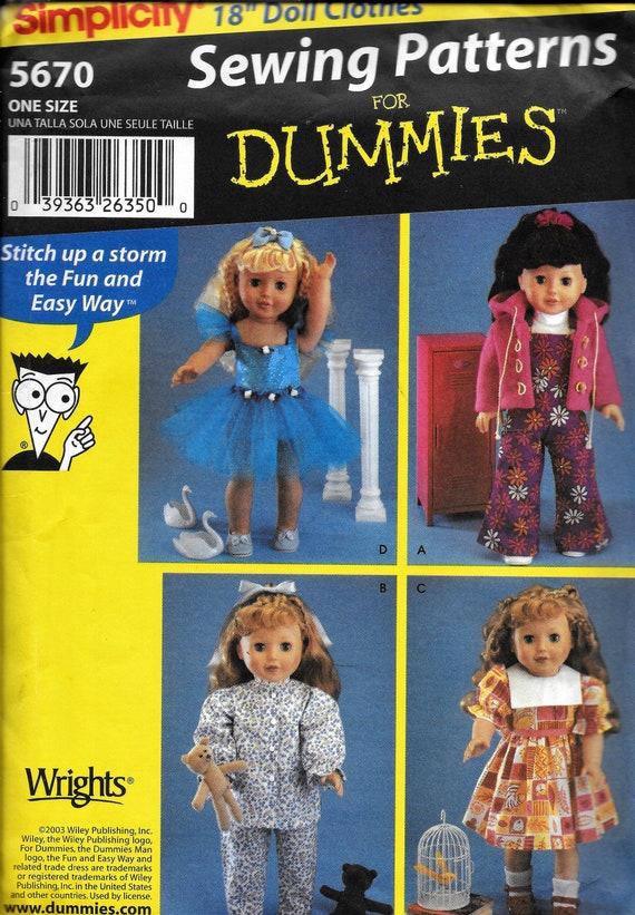 Simplicity 5670 Sewing for Dummies 18 Doll Clothes Sewing Pattern UNCUT 