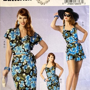 May include: Butterick sewing pattern BP289 featuring a vintage-style floral print design. The pattern includes options for a halter top, skirt, shorts, and a bolero jacket. The outfits are black with blue and white floral patterns.