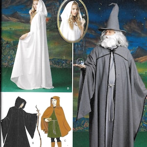 May include: Simplicity sewing pattern number 1582 A for a hooded cloak and a wizard's robe. The pattern includes instructions for making a long white hooded cloak, a brown hooded cloak, a black hooded cloak, and a gray wizard's robe with a pointed hat.
