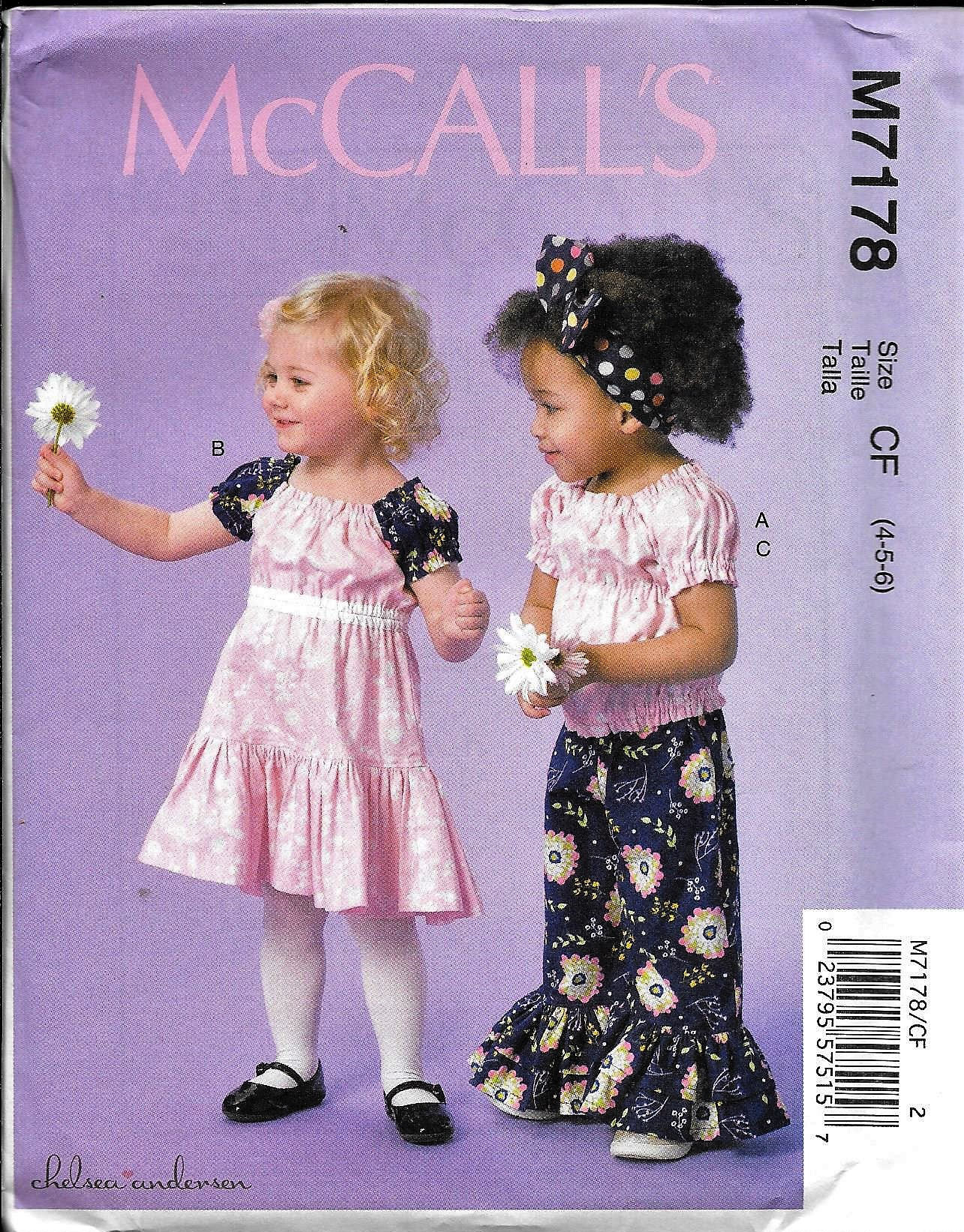 McCall/'s Pattern M7178 Girls Top~Dress w//Elasticized Detail /& Pants w//Ruffle Leg
