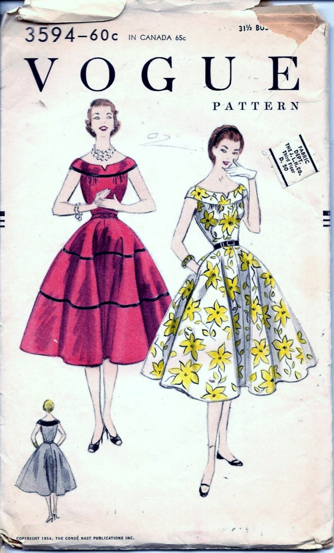 Vintage 1950s Vogue 3594 Evening Dress off Shoulder Sewing - Etsy