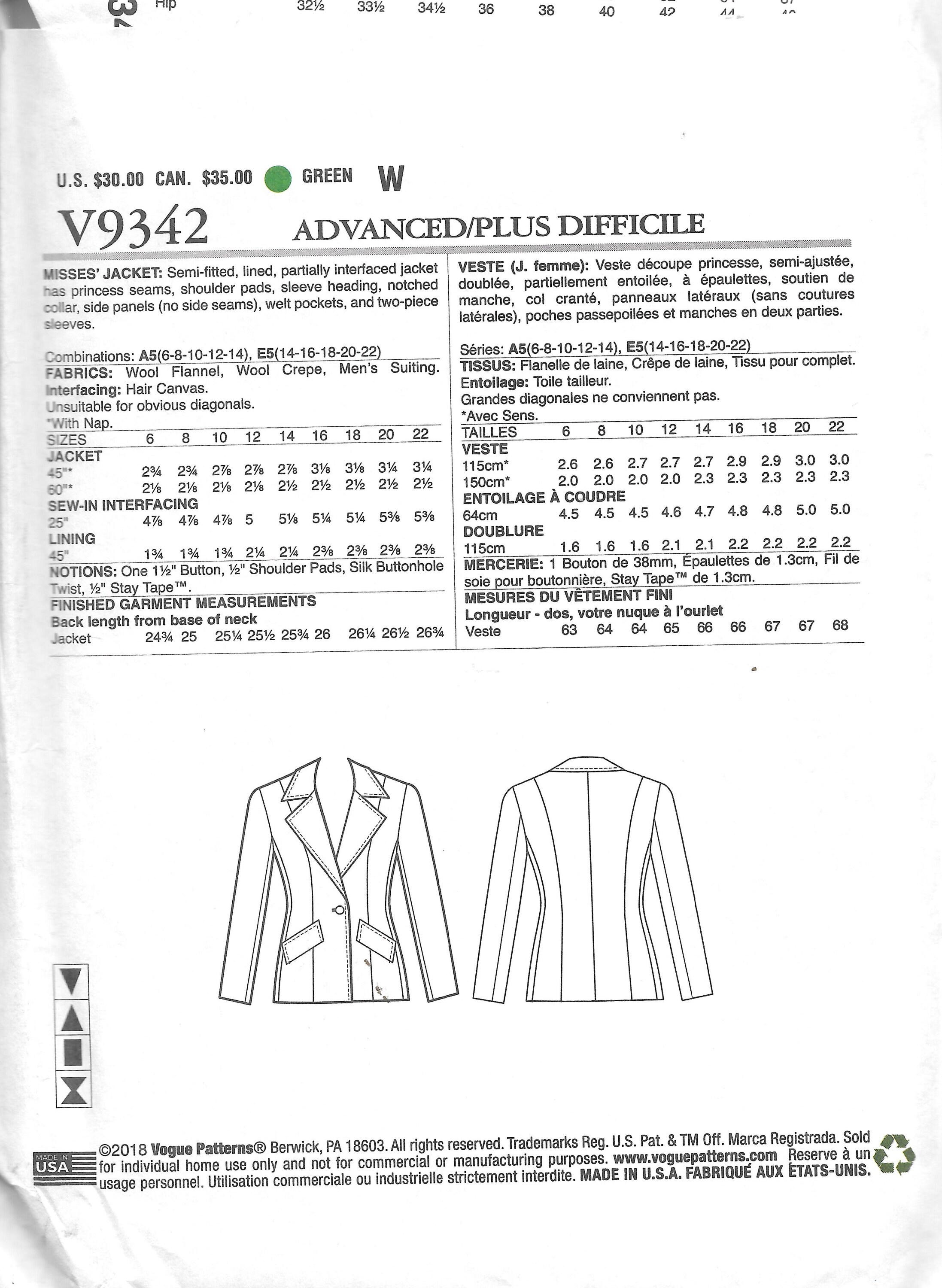 Vogue V9342 Designer Claire Shaeffer Custom Couture Jacket