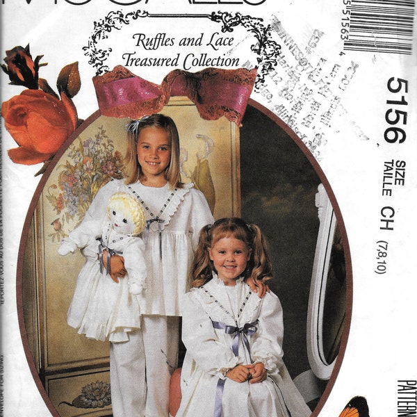 McCall’s 5156 Robe de fille, chemise de nuit et pyjama et poupées Vêtements couture Modèle non coupé Taille 7, 8, 10