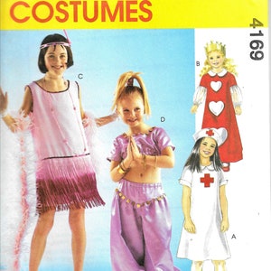May include: A sewing pattern for four different costumes: a flapper dress, a genie costume, a queen of hearts costume, and a nurse costume. The pattern number is 4169.
