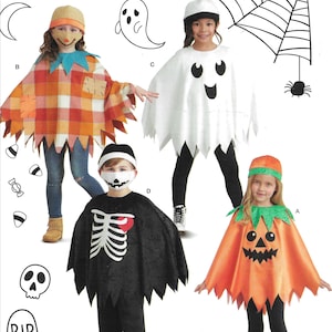 May include: A Simplicity sewing pattern for four Halloween costumes: a scarecrow, a ghost, a skeleton, and a pumpkin. The pattern includes instructions for making the costumes, as well as a list of materials needed. The pattern is for sizes S-L.