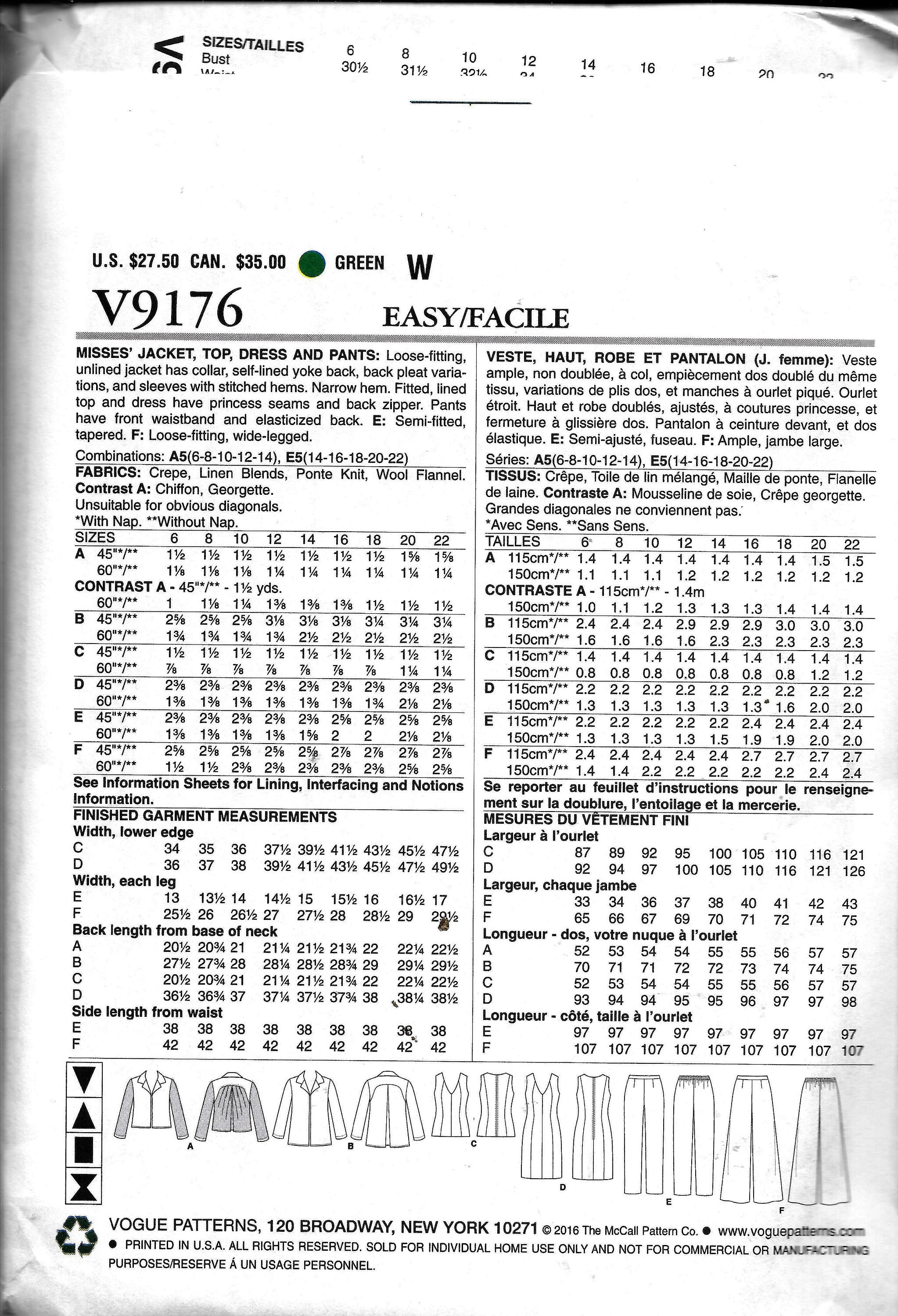 22 Top And Pants Sewing Pattern 9176 UNCUT Plus Size 14 20 Vogue V9176 Wardrobe Dress 16 18 Jacket 22 Top And Pants Sewing Pattern 9176 UNCUT Plus Size 14 20 Vogue V9176 Wardrobe Dress 16 18 Jacket