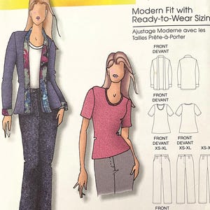May include: Butterick B5053 sewing pattern by Connie Crawford. The pattern includes illustrations of a blazer, top, and pants. The pattern is for sizes XXL-1X-2X-3X-4X-5X-6X. The text on the pattern reads "Modern Fit with Ready-to-Wear Sizing."
