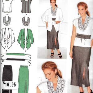 May include: A sewing pattern for a women's top, jacket, and skirt. The pattern includes a white top with short sleeves, a green jacket with long sleeves, and a black skirt with a slit. The pattern also includes a scarf and a belt.