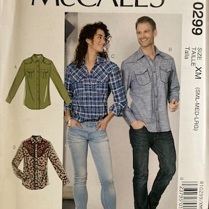 May include: A sewing pattern for a shirt with different design options. The pattern includes a green shirt, a plaid shirt, a floral shirt, and a blue shirt. The pattern is for sizes small, medium, large, and extra large.