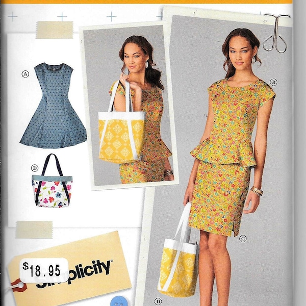 Simplicity Pattern 1666 LISETTE Dress, Top w/Peplum, Pencil Skirt & Bag Sewing UNCUT Plus Size 16, 18, 20, 22, 24