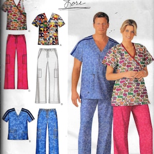 May include: A sewing pattern for scrubs with a variety of patterns and colors. The pattern includes a top and pants. The pattern is for sizes BB, M, L, and XL. The pattern is from Simplicity and is easy to sew.