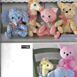 May include: A Simplicity sewing pattern featuring stuffed animal designs. The image showcases a blue elephant, a giraffe, a pig, and a yellow cat, each with patterned fabric and bows. Additional stuffed animals are also shown.