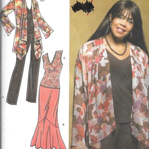 May include: A sewing pattern for a women's outfit, featuring a long-sleeved, floral print top, a sleeveless, patterned top, a pair of pants, and a skirt. The pattern is from the Khaliah Ali Collection and is size AA 10, 12, 14, 16, 18. The pattern number is 3894.