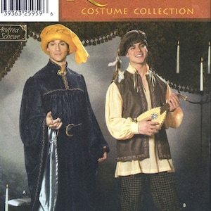May include: Simplicity Renaissance Costume Collection sewing pattern, featuring two men in Renaissance-era clothing. One man wears a long, dark blue robe with gold accents and a yellow turban. The other man wears a brown vest over a white shirt, brown pants, and a brown hat with a feather.