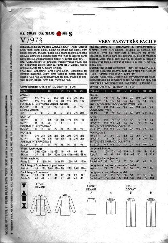 Vogue V7973 Very Easy Jacket, Skirt and Pants Sewing Pattern