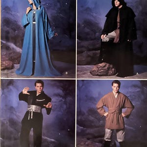 May include: Simplicity costumes for adults pattern. The image shows four costume options: a blue hooded robe, a black hooded robe, a black outfit with a silver sash, and a brown robe with gray pants. The pattern includes the text "Simplicity costumes for adults".