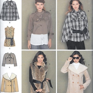 May include: A sewing pattern for four different styles of jackets and vests. The pattern includes a plaid cape, a brown jacket, a leopard print vest, and a tan jacket with a large collar. The pattern is for sizes H5 6, 8, 10, 12, 14, EUR 32-40, FR 34-42. The pattern is from Simplicity.