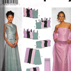 May include: A sewing pattern for a dress with a variety of skirt and top options. The pattern includes a strapless top, a sleeveless top, and a skirt with a ruffle. The pattern is for sizes 6, 8, 10, and 12. The pattern is from Simplicity and is for a fashion trim.