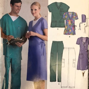 May include: A New Look sewing pattern featuring medical scrubs. The pattern includes illustrations of teal and purple scrubs, including tops, pants, and a wrap-style top with a floral print. The cover also shows a man and woman wearing teal and purple scrubs.