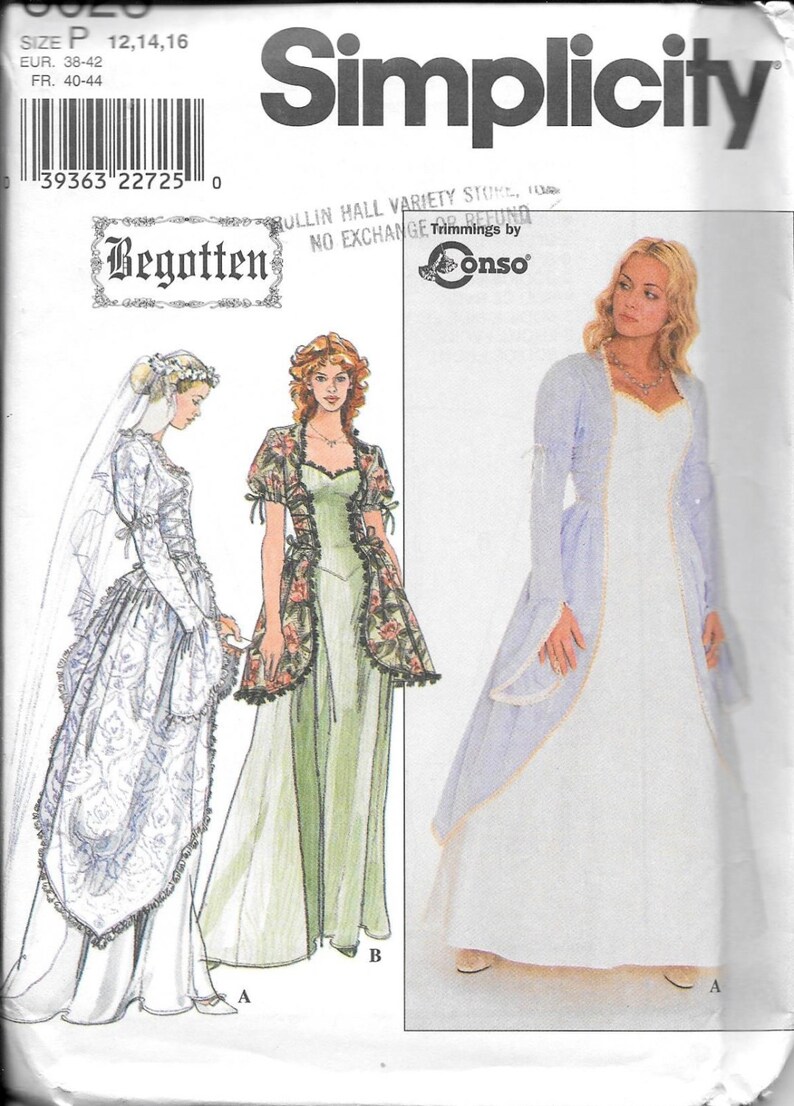 14 and 16 Simplicity 8623 Ladies Begotten Wedding Medieval Dress Gown Pattern Size 12
