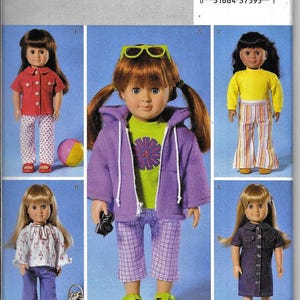 May include: A sewing pattern for making doll clothes. The pattern is for a doll that is 18 inches tall. The pattern includes instructions for making a variety of outfits, including a purple jacket, a plaid shirt, a striped shirt, a denim dress, and a floral shirt. The pattern is from Butterick and the pattern number is B4089.
