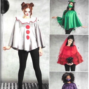 May include: Simplicity sewing pattern R11161 for four Halloween costumes: a clown, a witch, a vampire bride, and a spider web cape. The pattern includes instructions for making each costume, as well as a list of materials needed.