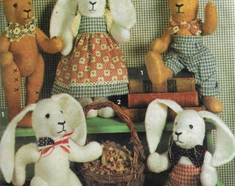 May include: A Simplicity Crafts pattern for making four stuffed toys: a bunny wearing a red and white gingham dress, a bunny wearing a red and white gingham overall, a teddy bear wearing a blue and white gingham overall, and a teddy bear wearing a brown bow tie. The pattern number is 7858.