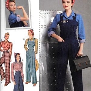 Op de afbeelding: Een naaipatroon voor een jumpsuit in vintage stijl uit de jaren 1940. Het patroon is van Simplicity en is verkrijgbaar in de maten 6-14, 32-40 en 34-42. Het patroon toont een vrouw die de jumpsuit draagt met een rood gepolkadot hoofdband en een zwarte aktetas.