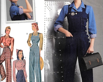 Simplicity 8447/R10151/S8447 Vintage 40&#39;s Overalls Rosie the Riveter Pants And Blouse Sewing Pattern UNCUT Size 6, 8, 10, 12, 14