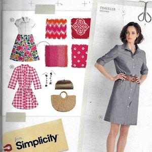 Könnte beinhalten: Ein Schnittmuster für ein Reisekleid mit Knopfleiste und Gürtel. Das Schnittmuster ist von Simplicity und enthält Stoffvorschläge. Das Schnittmuster ist für die Größen 14-22.