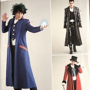 May include: Simplicity Costumes sewing pattern #S9630 for three different costumes. The pattern includes instructions for a blue coat with red accents, a black coat with silver accents, and a red coat with black fur trim.