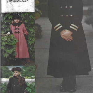May include: A sewing pattern for a child's coat. The pattern is for sizes 7-8-10 and is from Little Vogue. The pattern shows three different styles of coats, one with a black collar, one with a red collar, and one with a plaid scarf.