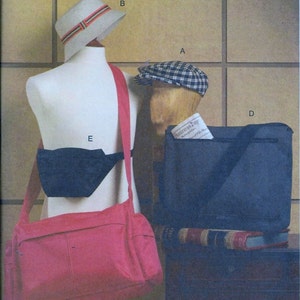 May include: A Vogue Accessories pattern showcasing bag and hat designs. The image presents a pink messenger bag, a navy blue shoulder bag, a black fanny pack, and two hats: a plaid newsboy cap and a straw hat with a striped band.