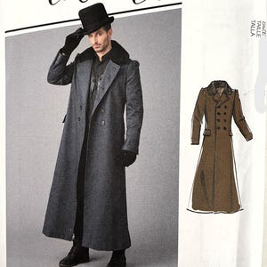 May include: McCall's sewing pattern for a long, double-breasted coat with a faux fur collar. The pattern features a man wearing the coat, a black top hat, and gloves. The pattern also includes a line drawing of the coat.