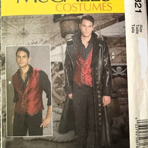 May include: A sewing pattern for a costume with a red vest and a black coat. The pattern is from McCall's Costumes and the pattern number is M7821.