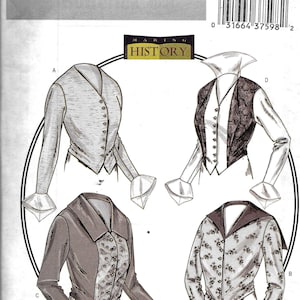 May include: A sewing pattern for a vintage-style jacket with a high collar and button-up front. The pattern includes four different views, each with a different style of sleeve and collar. The pattern is labeled "B4091 Butterick Making History".
