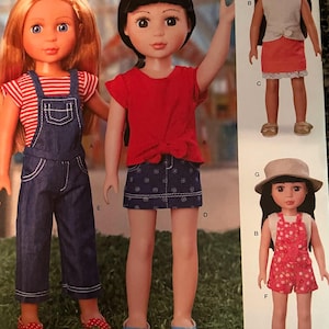May include: A Simplicity sewing pattern for making clothes for 14-inch dolls. The pattern includes instructions for making a red and white striped shirt with overalls, a red t-shirt with a denim skirt, and a white tank top with a pink and white floral print overall.