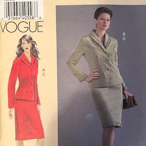 Pode incluir: Um padrão de costura para um terno de duas peças com jaqueta e saia. O padrão é para os tamanhos D, E e F. O padrão é da Vogue e se chama "Today's Fit" de Sandra Betzina.