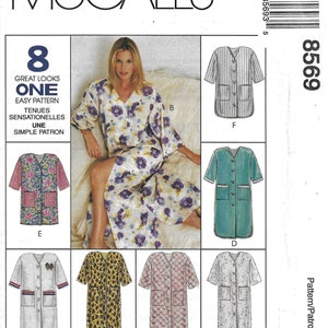 May include: McCall's pattern 8569 features eight different robe designs. The image shows a woman wearing a floral robe. The pattern includes various styles, including striped, solid, and patterned robes with different sleeve lengths and pocket details.