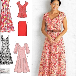 Puede incluir: Un patrón de costura para un vestido con una variedad de estilos. El patrón incluye un vestido de estampado floral, una falda roja lisa, una blusa roja lisa y un vestido rosa con mangas abullonadas. El patrón es de Simplicity y es el número 2917.