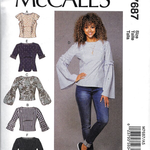 McCall's M7687 Misses Tops Back Button Shirt Sleeve Variations Sewing Pattern 7687 UNCUT Size 6, 8, 10, 12, 14