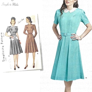 May include: Simplicity sewing pattern number 8686 for a vintage 1940s dress. The pattern includes instructions for making a dress with a collar, belt, and short sleeves. The dress is shown in a light blue color.