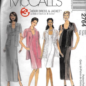 May include: McCall's sewing pattern for a dress and jacket. The pattern is called "3 Hour Dress & Jacket" and the pattern number is 2764. The pattern shows three women wearing different versions of the dress and jacket. The dress is a simple, sleeveless dress with a slit up the side. The jacket is a short, fitted jacket with a collar and buttons. The pattern is for sizes 6-14.