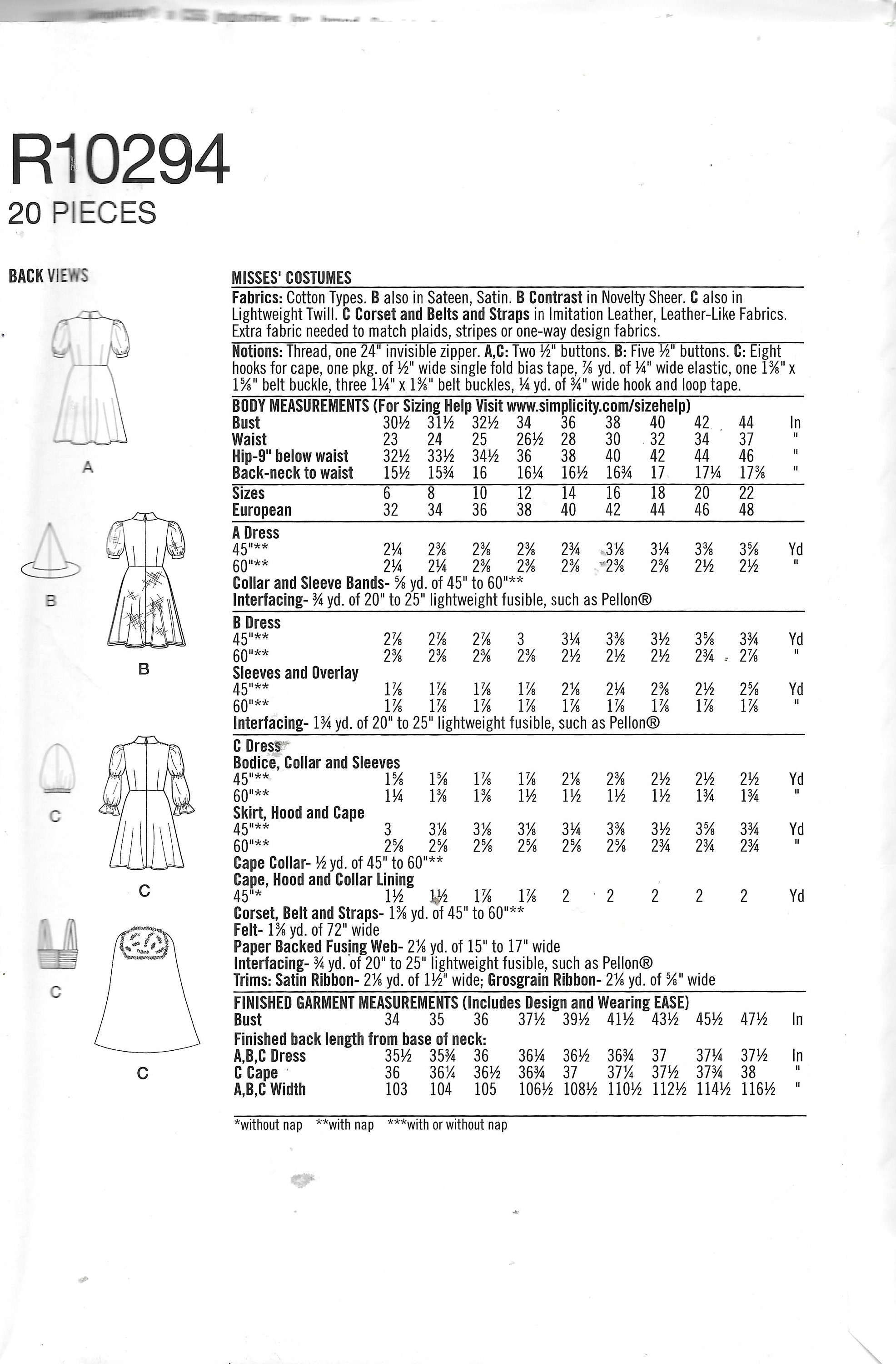Simplicity R10294/9006/S9006 Dress And Corset Costume Sewing