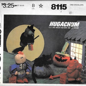 May include: A vintage McCall's sewing pattern for Halloween decorations. The pattern includes instructions for making a witch, a pumpkin, a devil, and a black cat. The pattern is titled "Hugachum" from The Patch Factory, Inc. by Vivian.