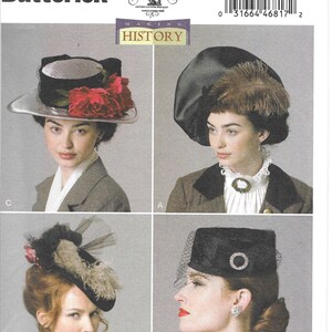 May include: A vintage sewing pattern for four different styles of hats. The pattern is from Butterick and has the number B6397/OSZ printed on it. The hats are all black and feature different embellishments, including feathers, flowers, and veils.